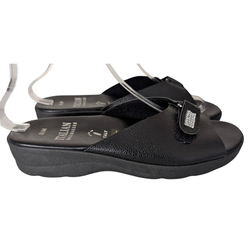 Italian Shoemakers Black Comfort Wedge Slide Sandal Women 8.5 Rhinestone Buckle